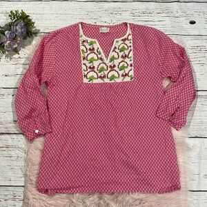 Delfina Tunic Pink Geometric Beaded Floral Resort Top